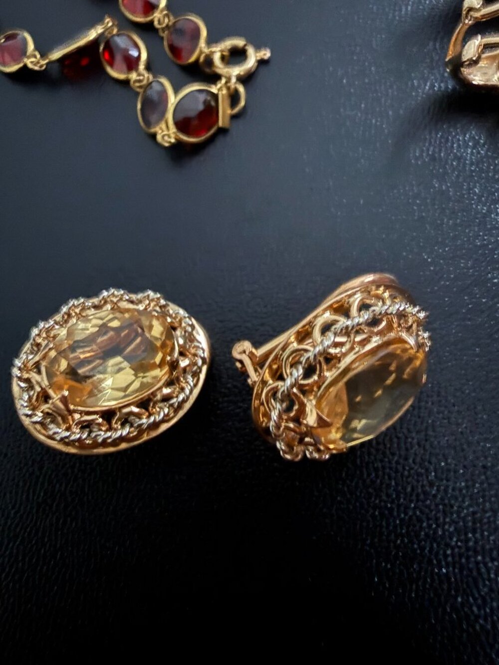 Vintage 18K Gold Oval Citrine Earrings Rope Chain Halo Omega Back